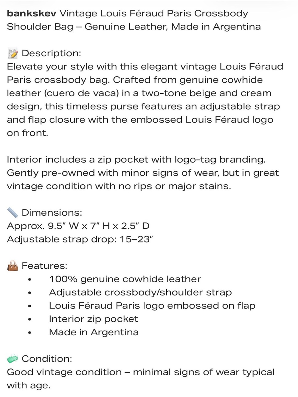 Louis Feraud Cream Leather Crossbody Bag - Picture 7 of 7